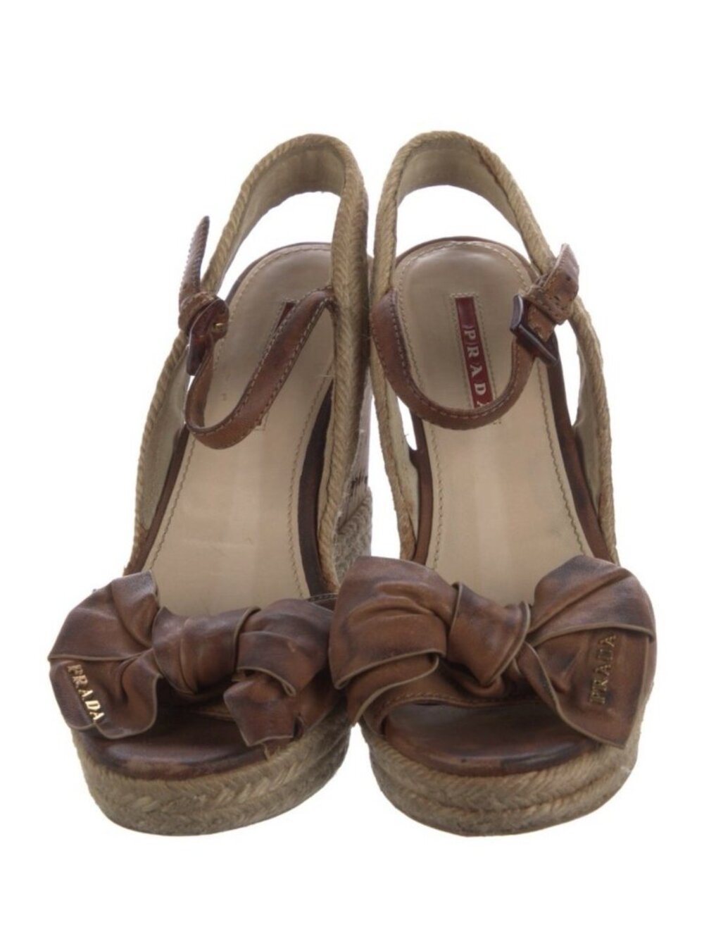 Prada Authentic Brown Leather Wedge Heel Espadrilles Sandals 6 - Picture 3 of 9